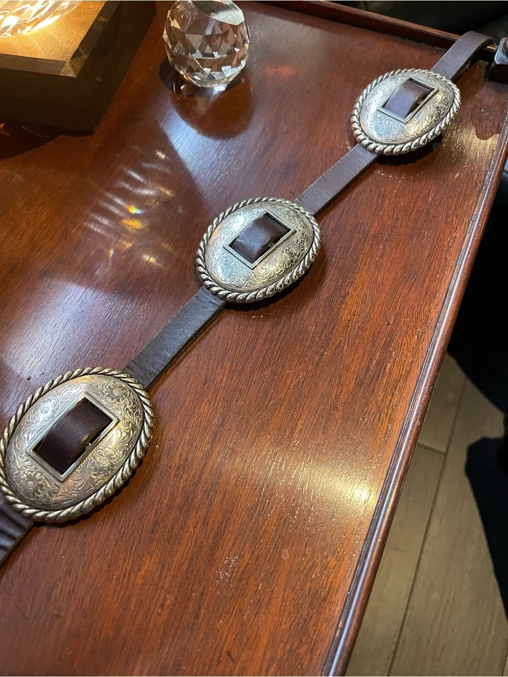 Brighton Brown Leather Concho Belt with Silver-Tone Engraved Ovals